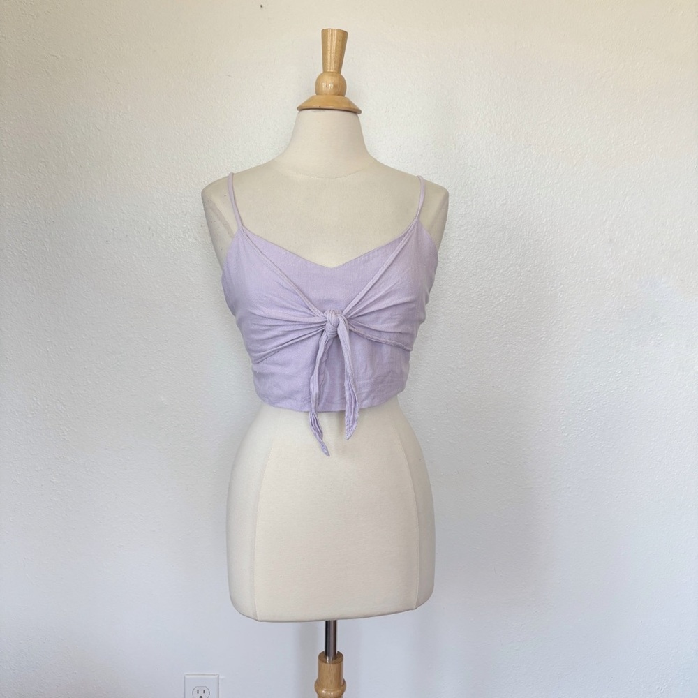 Solid Pastel Purple Tie-Front Sleeveless Smocked Crop Top
